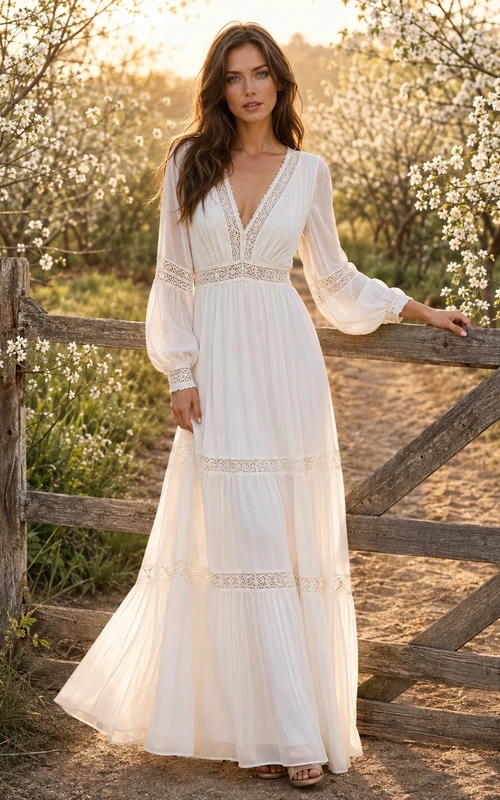 Vestido de campo blanco de gasa con escote en V y manga larga hasta los tobillos