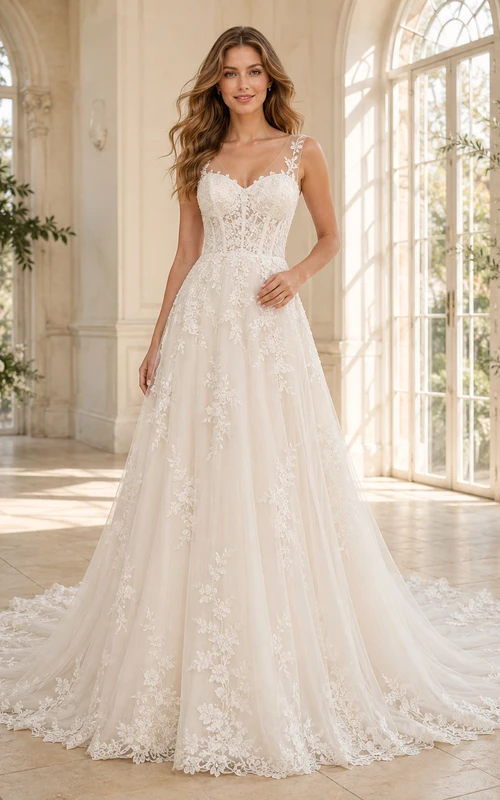 Robe de mariée romantique de luxe, coupe trapèze, en dentelle florale spaghetti et traîne cathédrale, style trapèze