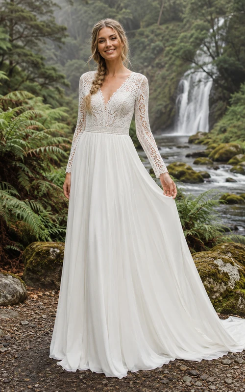 Robe de mariée en mousseline de soie à manches longues et col en V, coupe trapèze, traîne chapelle, en dentelle et avec effet cascade