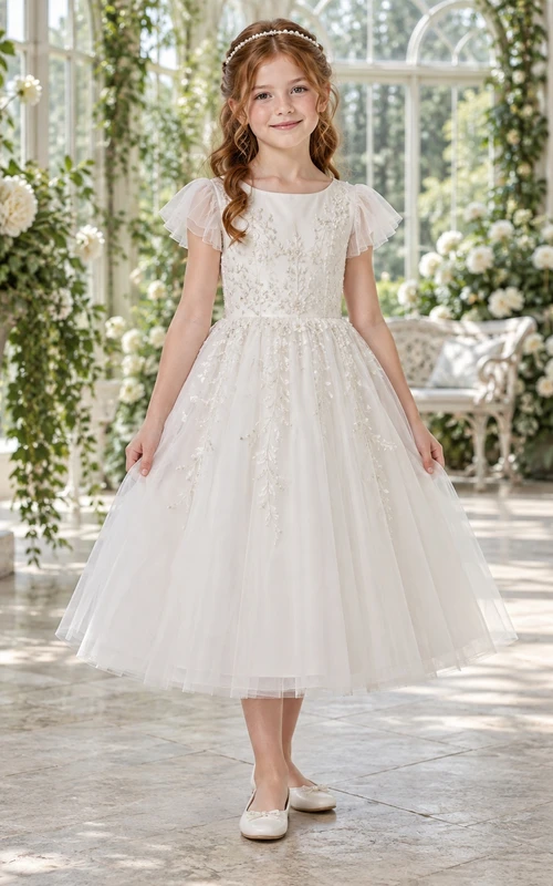 Vestido de niña de flores modesto, blanco, con estampado floral, corte en A, tul, mangas con volantes y apliques.