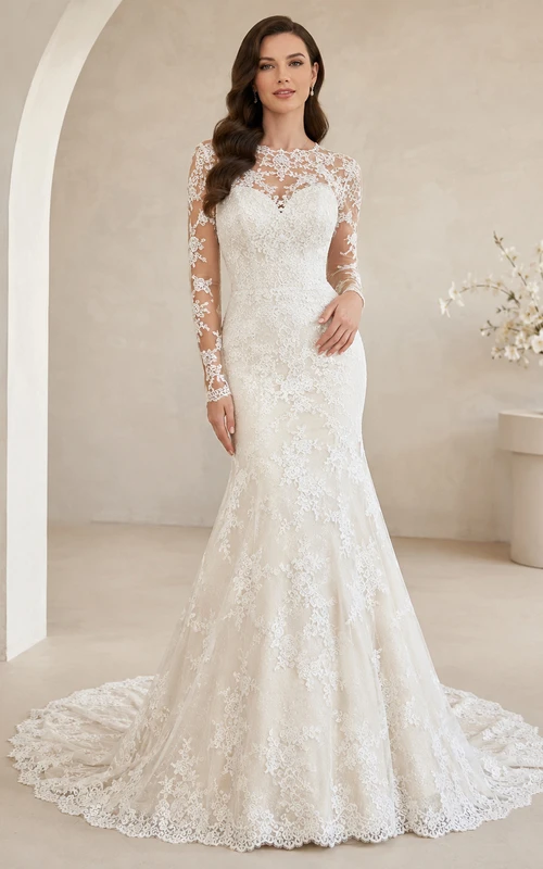 Robe de mariée romantique en dentelle, style sirène, longue illusion, ornée d'appliques florales et élégantes, dos boutonné.