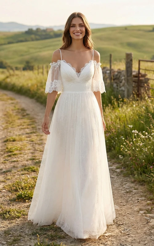Robe de mariée empire en dentelle à épaules dénudées