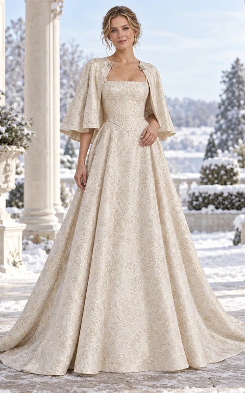 Vestido de novia de corte A con cuello cuadrado, cintura puntiaguda, capa de brocado y escote en A, color champán.