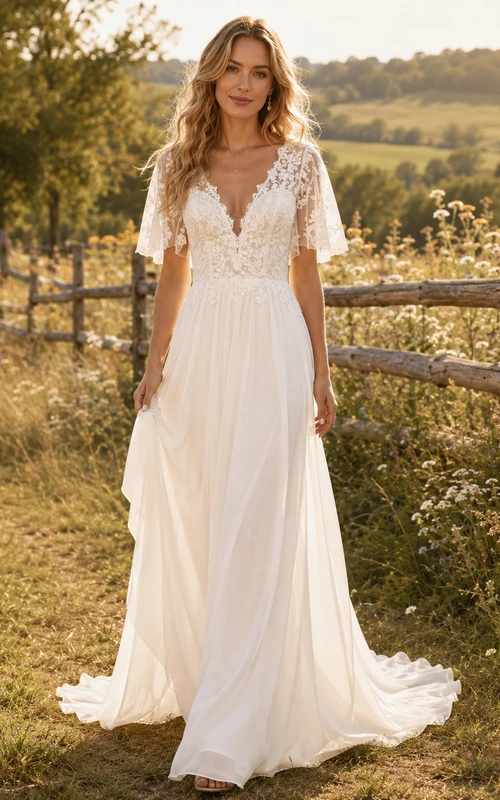 Robe de mariée champêtre en tulle, coupe trapèze, col en V, manches papillon, traîne chapelle, dos nu plongeant.