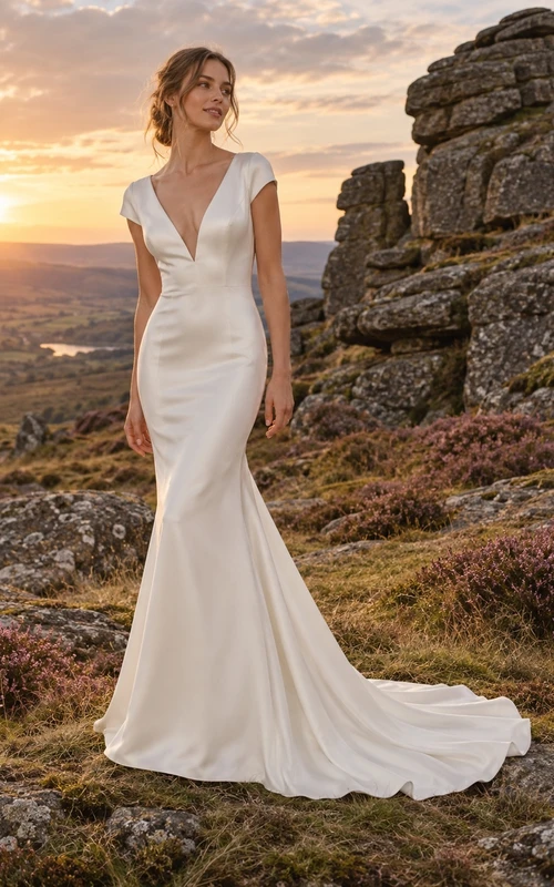 Vestido de novia sencillo de satén con escote en V, manga corta y cola de sirena.
