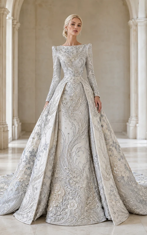 Robe de bal en taffetas brodé à manches longues et traîne chapelle plissée
