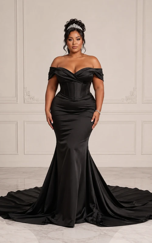 Vestido de novia de sirena de satén negro con hombros descubiertos, talla grande