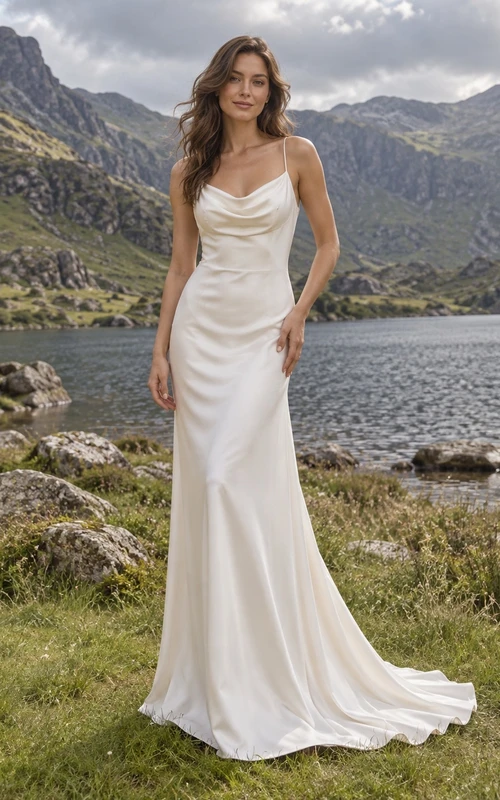 Vestido de novia sencillo de satén con escote drapeado, sin mangas y cola de sirena.