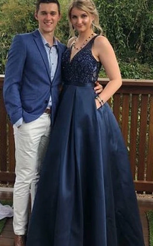 Robe de soirée romantique en satin, coupe trapèze, sans manches, longueur au sol, avec poches
