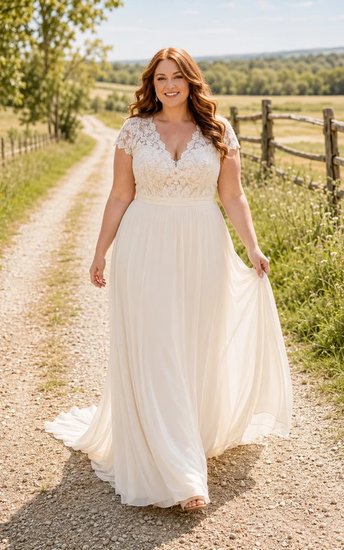 Vestido de novia campestre de talla grande con encaje y mangas cortas