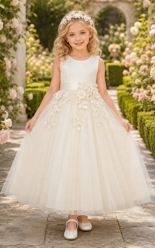 Elfenbeinfarbenes Blumenmädchenkleid mit Rosenapplikationen, ärmellosem Tüll-A-Linien-Schnitt, floralem Taillendetail, bodenlangem Rock und elegantem Finish
