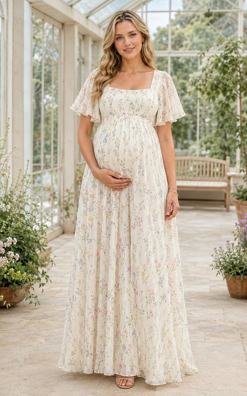 Robe de maternité crème à fleurs, col carré, manches papillon, coupe trapèze, longueur printemps