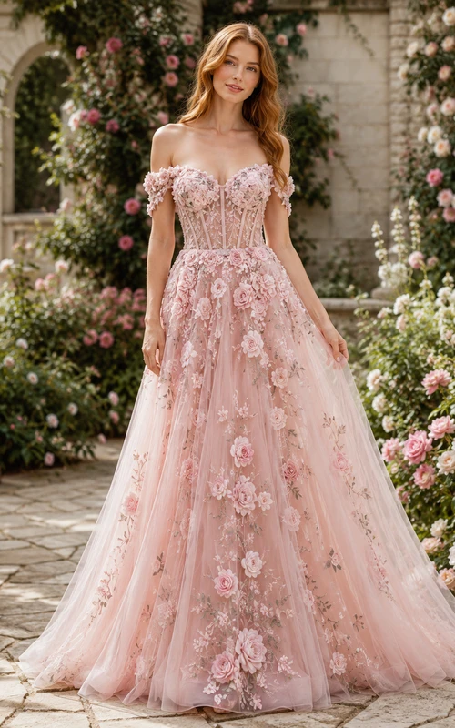 Rosafarbenes, schulterfreies A-Linien-Brautkleid mit 3D-Blumenmuster im Gartenstil
