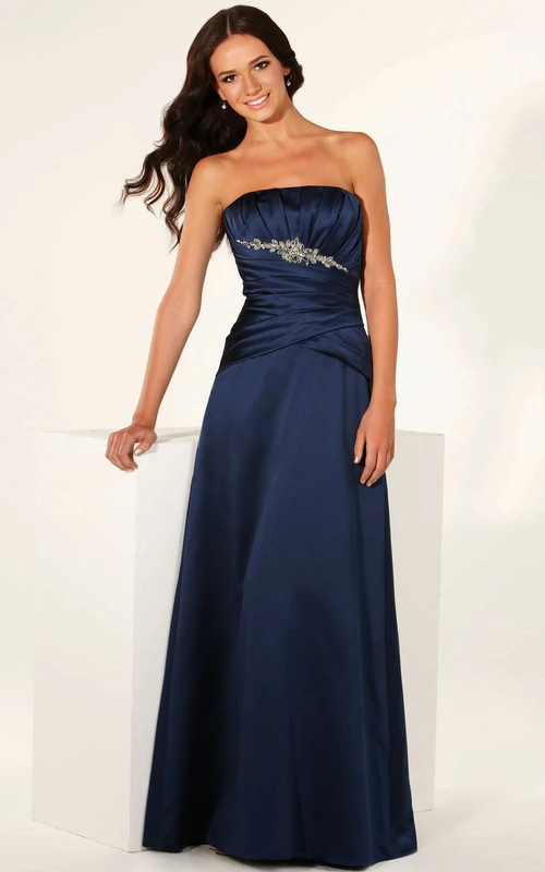 A-Line Floor-Length Jeweled Strapless Sleeveless Satin Bridesmaid Dress With Ruching
