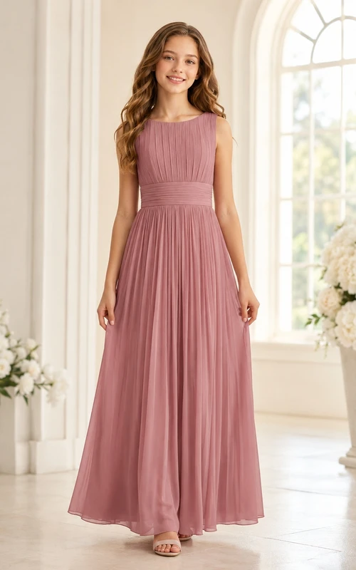 Vestido de dama de honor juvenil color rosa empolvado, corte en A, cuadrado, sin mangas, plisado, sencillo.