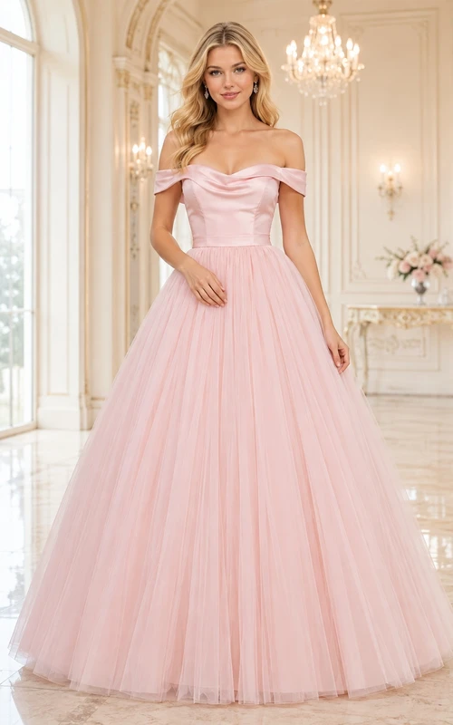 Blush Tulle Off-the-shoulder Pleated Cotillion Ball Gown Elegant Formal Dress