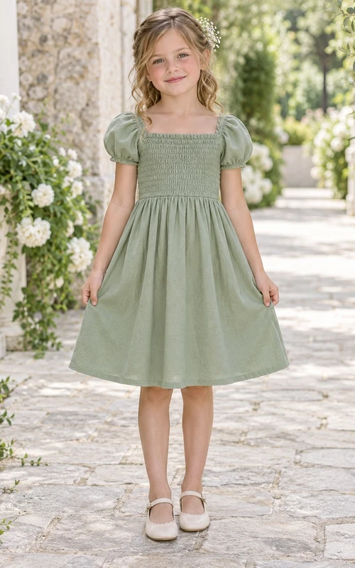 Square Neck Simple Tea-length Sage Puff Sleeve Smocked Cotton Flower Girl Dress