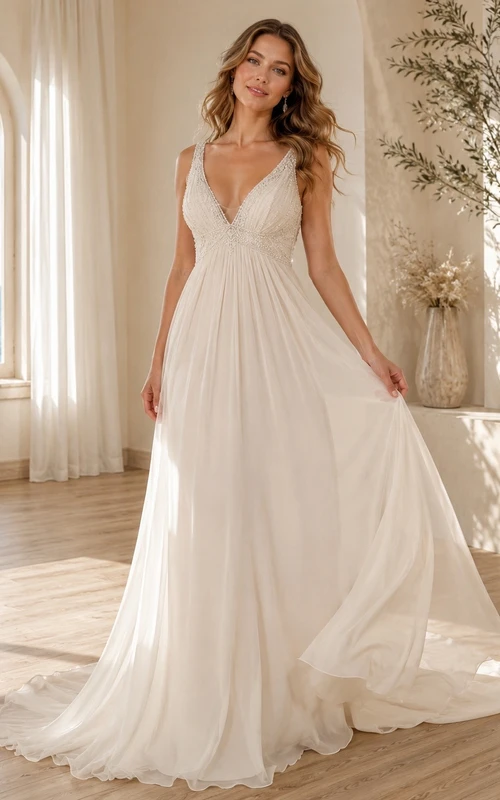 Vestido de novia playero de corte A con escote en V y cola fluida