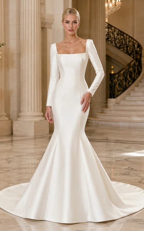 Vestido de novia minimalista de corte sirena con escote cuadrado, manga larga y cola larga.