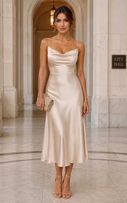 Robe fourreau en satin ivoire à col bénitier