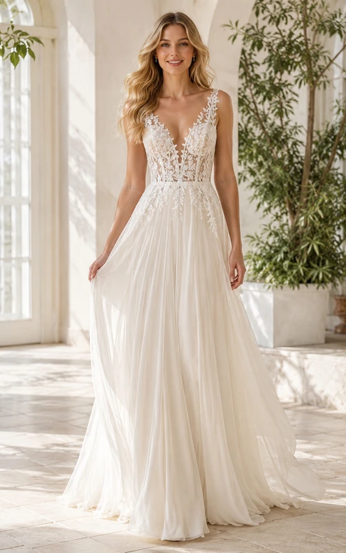 Robe de mariée champêtre en mousseline de soie et dentelle, coupe trapèze, décolleté en V profond, sans manches, traîne, style jardin