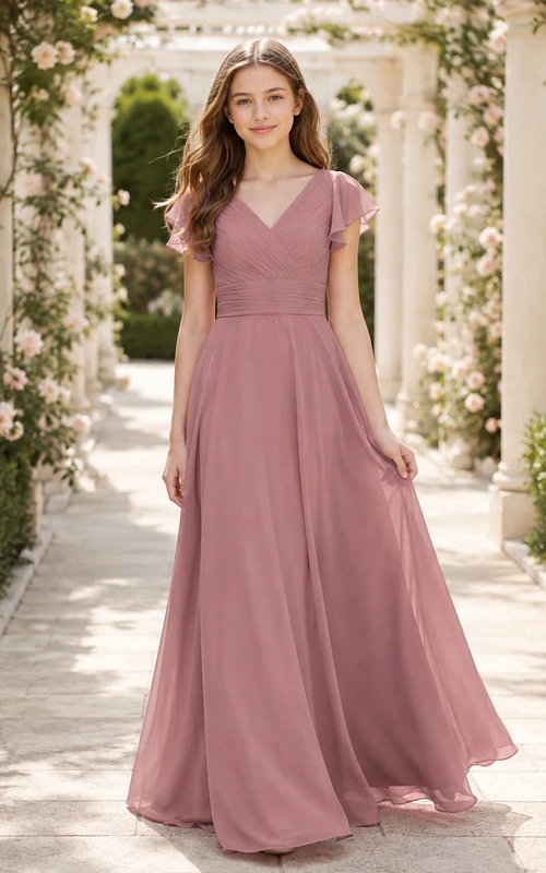 Vintage-Brautjungfernkleid in Mauve, A-Linie, V-Ausschnitt, kurze Blütenblattärmel, Chiffon, elegant