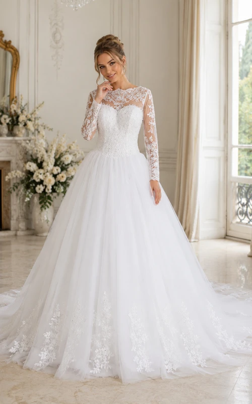 A-Linien-Ballkleid mit langen Ärmeln, Kathedralenschleppe, Tüll, Spitze und Satin