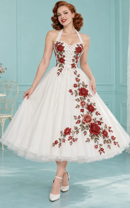 Vestido de novia asimétrico de largo midi con escote halter y bordado de rosas, falda de tul en línea A.