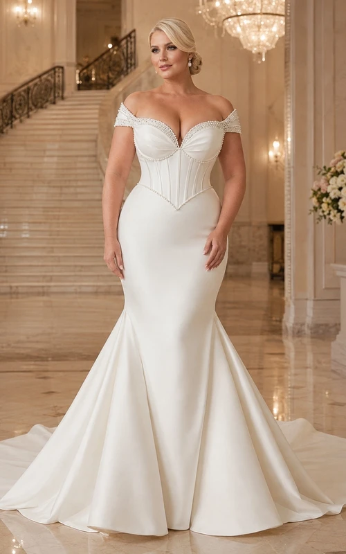 Vestido de novia clásico de satén con mangas cortas, hombros descubiertos, corte sirena y cola larga.
