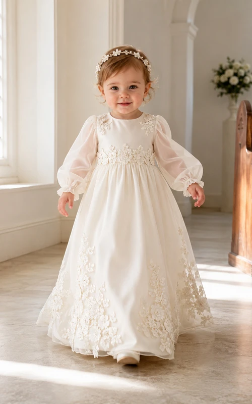 Floral Applique Baptism Gown A-Line Tulle Lace Long Sleeve Side Applique