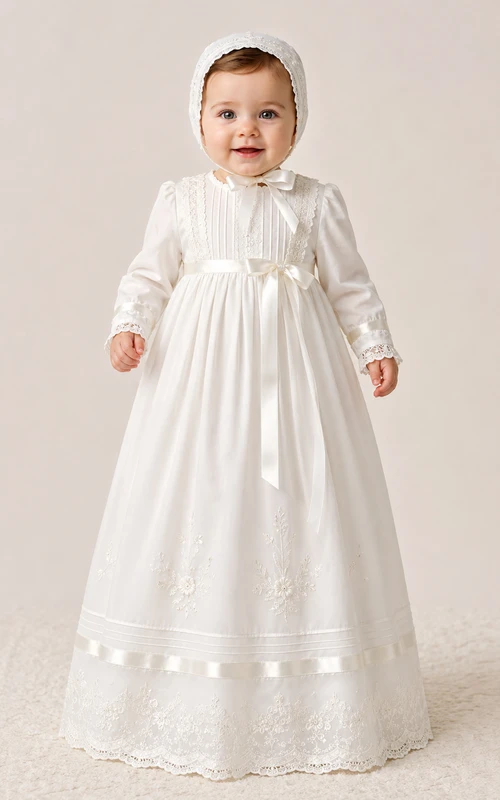 Robe de baptême vintage modeste, coupe trapèze, manches longues, en dentelle de coton, longueur au sol, avec bonnet, blanche