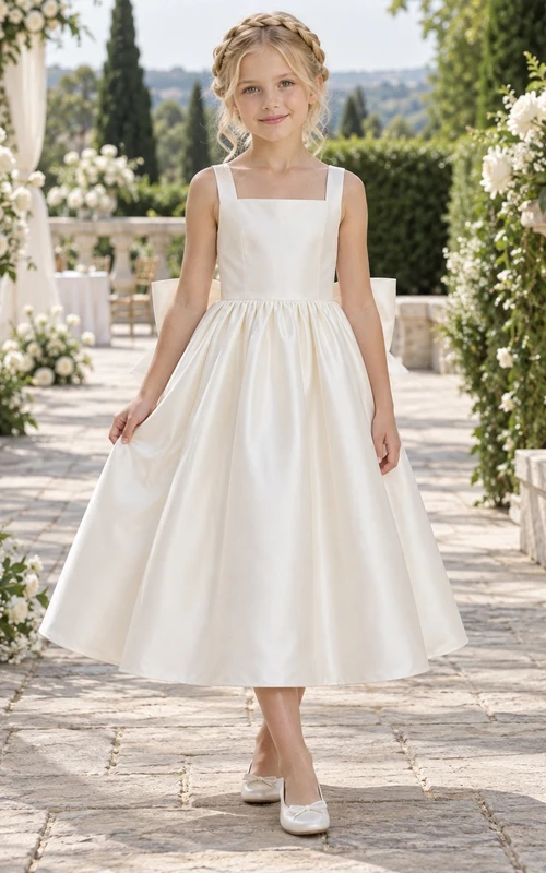 Tea-length Square Neck Simple Ivory A-line Satin Sleeveless Bow-back Flower Girl Dress