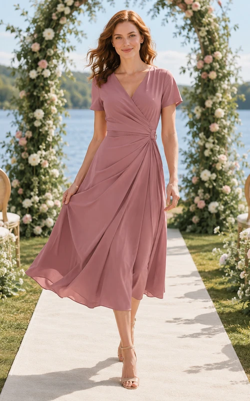 Dusty Rose Chiffon Wrap Flutter Sleeve Midi Dress