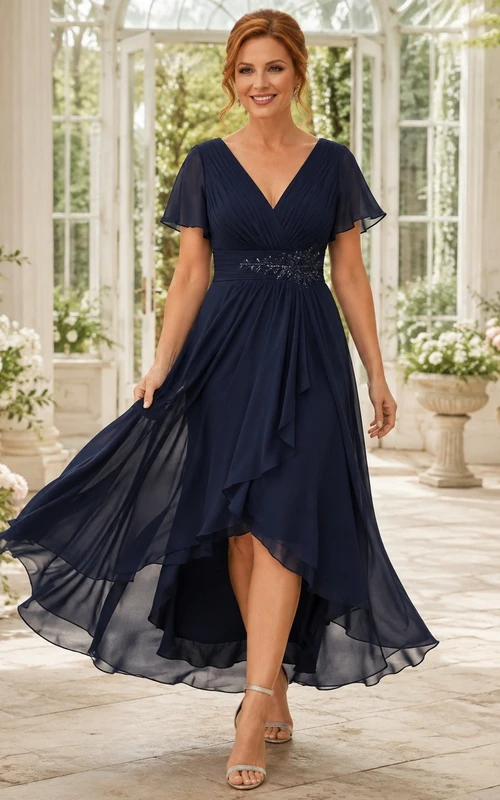 Navy Anniversary V-neck Flutter Sleeve Chiffon A-line High-low Formal Dress