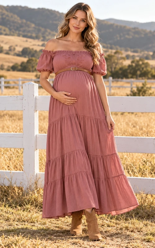 Robe de maternité western rose poudré à épaules dénudées et manches bouffantes à volants