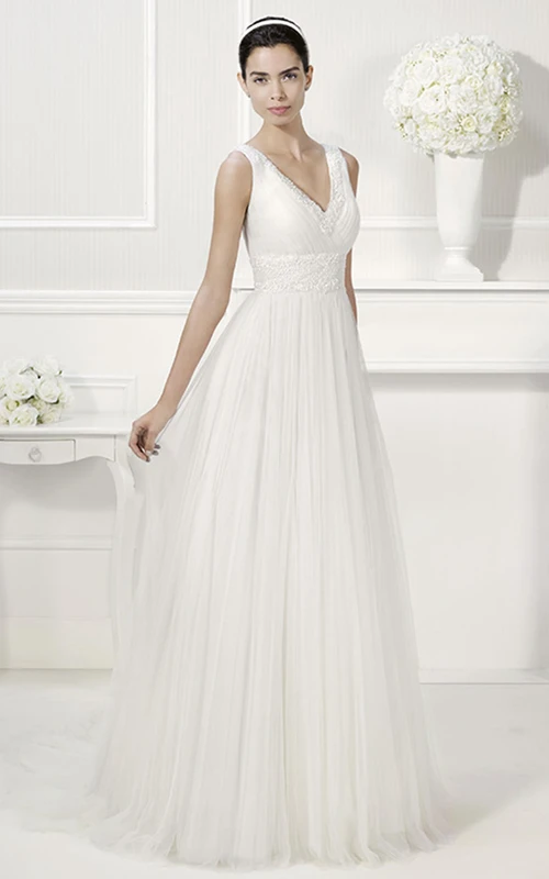 V Neck V Back Emprie Pleated A-Line Tulle Bridal Gown With Jewels