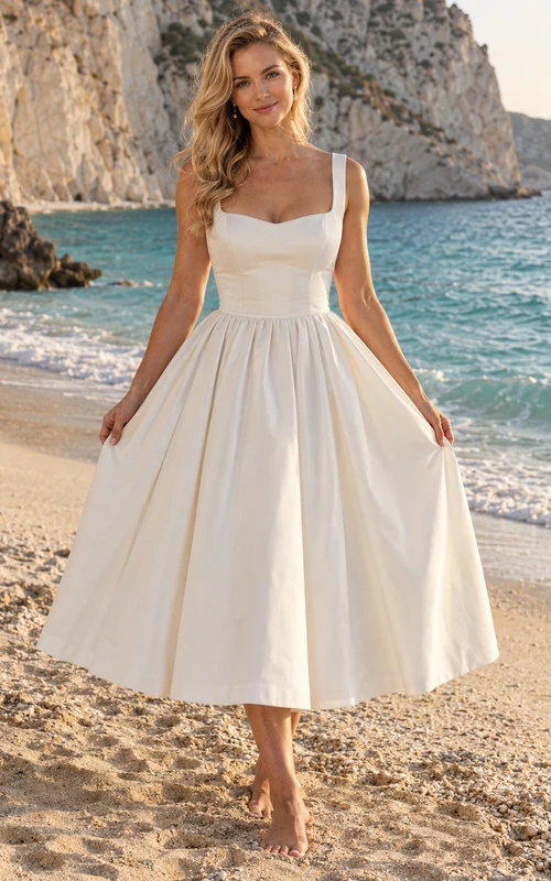 Vestido de novia sencillo de estilo vintage, largo hasta la rodilla, sin mangas, de satén, con escote corazón y fruncido.