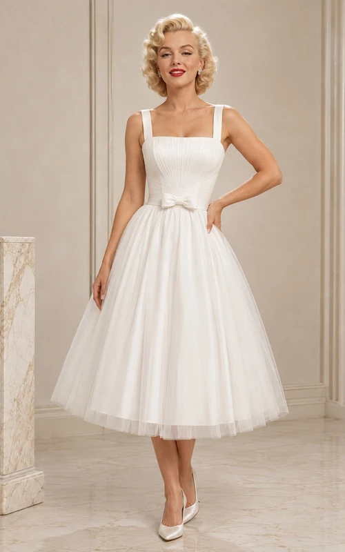 White Square Neck Sleeveless Sash Tulle Tea-Length A-Line Dress
