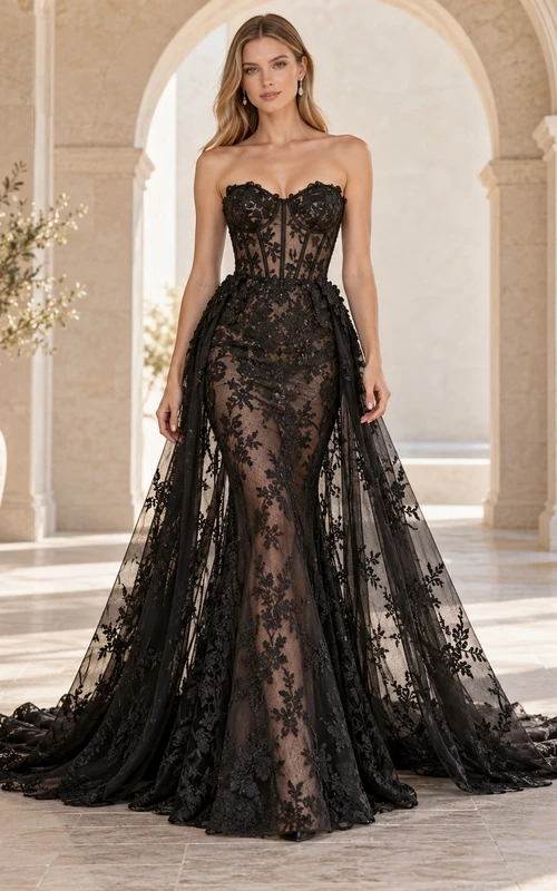 Black Mermaid Strapless Sweetheart Lace Corset Overskirt Bridal Wedding Dress