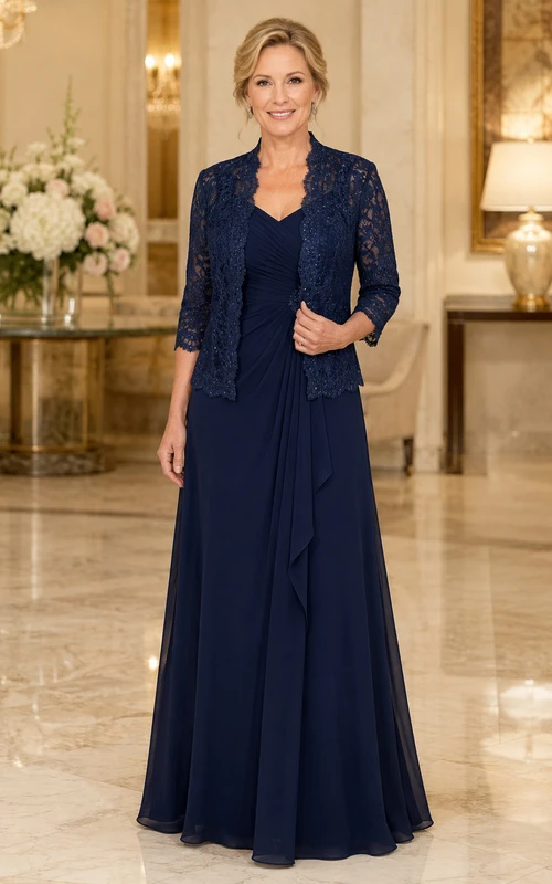Dunkelblaues Chiffon-Mutterkleid mit Spitzenjacke