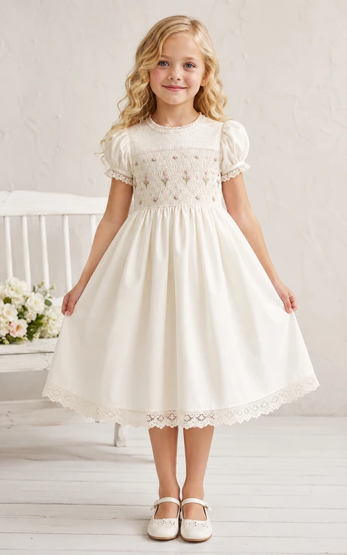 Hand-Smocked Vintage Floral Embroidered Puff Sleeve Satin Lace A-Line Knee-Length Flower Girl Wedding Dress