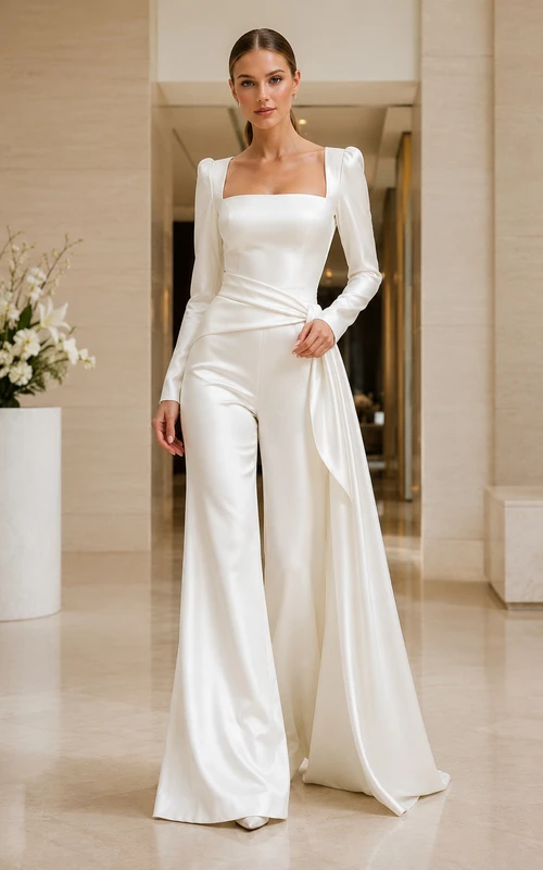 Square Neck Long Sleeve Satin Wedding Jumpsuit with Side Drape