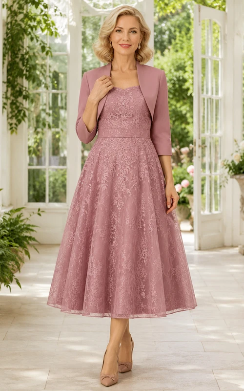 Dusty Rose Tea-Length A-Line Vintage Mother of the Bride Lace Cocktail Dress with Scoop Neck Three-Quarter Sleeve Bolero