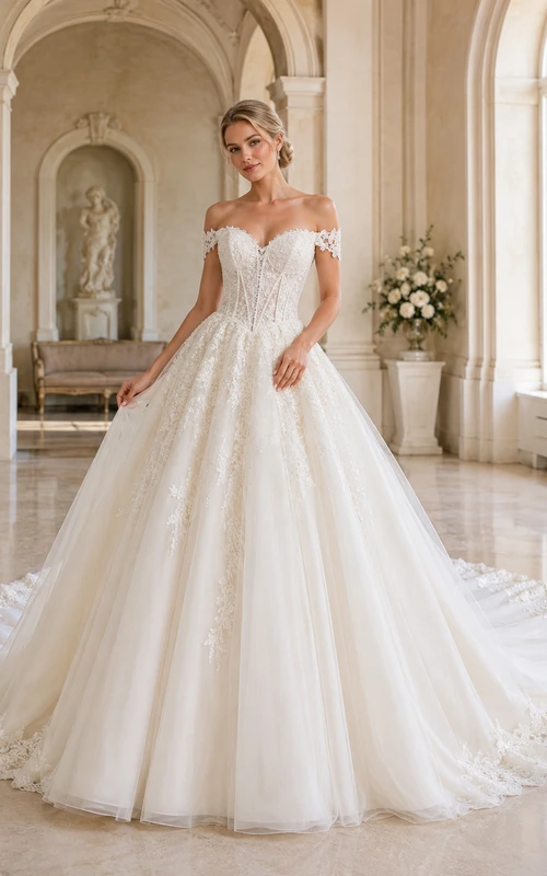 Robe de mariée classique en dentelle et tulle, épaules dénudées, manches courtes, traîne cathédrale, applications florales, fermeture éclair au dos