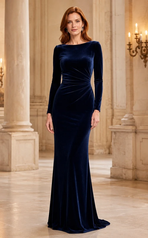 Navy long sleeve bateau velvet mermaid fundraising gala gown