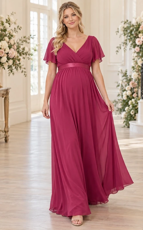 Vestido de dama de honor vaporoso de gasa fruncida con escote en V y mangas con volantes, color frambuesa, estilo imperio.