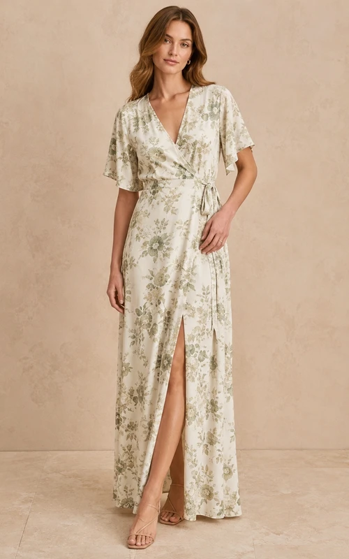Floral Chiffon Wrap V-neck Short Sleeve A-Line Ankle-length Boho Dress
