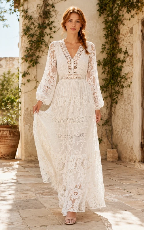 Boho Long Sleeve Deep V-Neck Crochet Lace Floor-Length Beach Wedding Dress