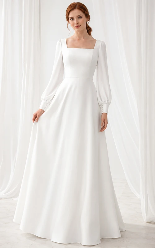 Vestido de novia de estudio modesto de corte A con escote cuadrado