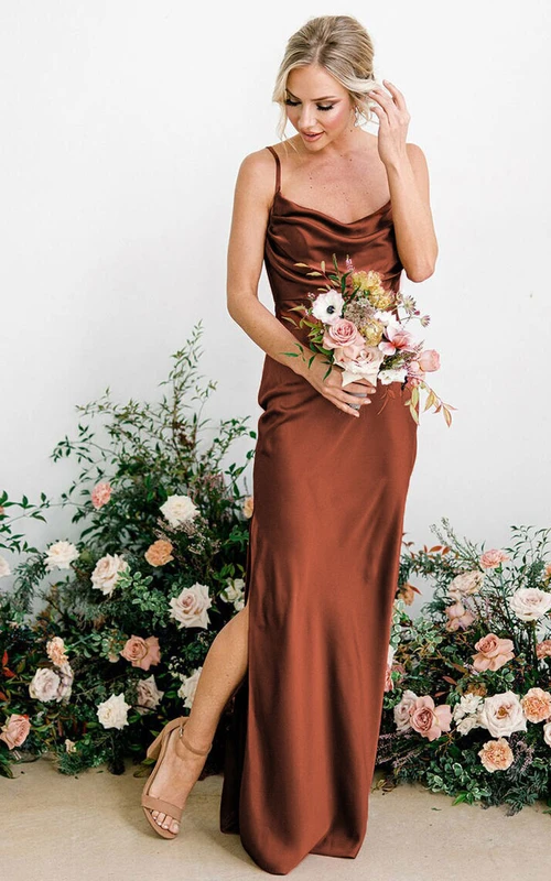 Sheath Cowl Neck Sleeveless Floor-length Charmeuse Bridesmaid Dress with Side Slits